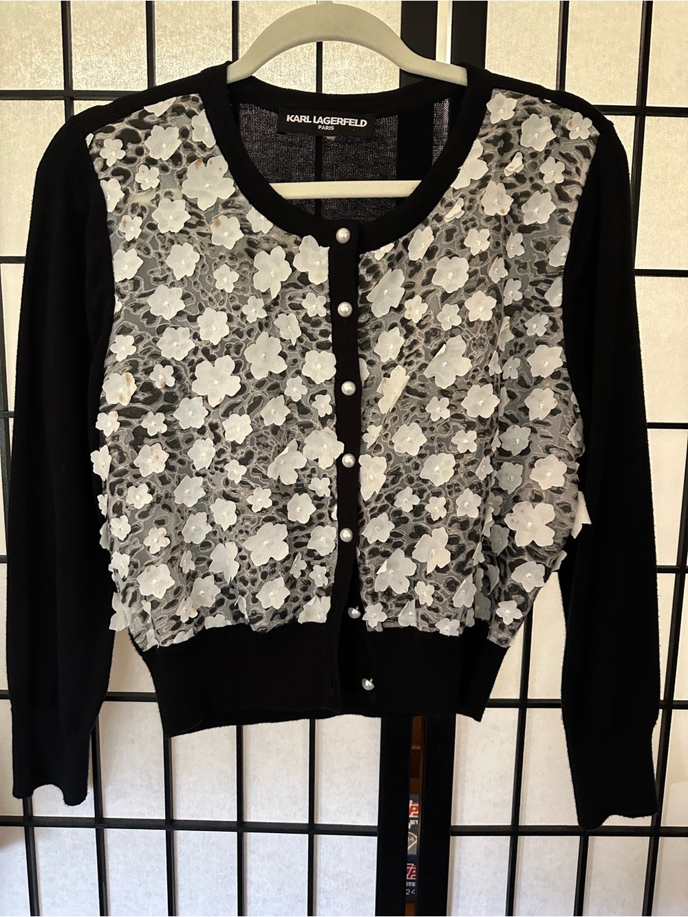 Karl Lagerfeld Black Cardigan with White 3D Floral Appliqués